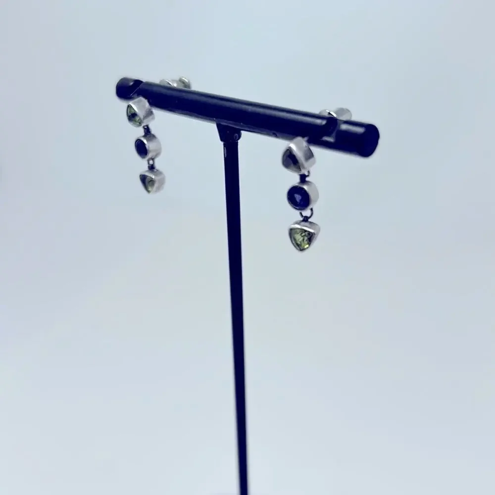 Vintage 925 Women's Blue & Green Gem Stone Dangle Earrings Size 1/2 Inch
